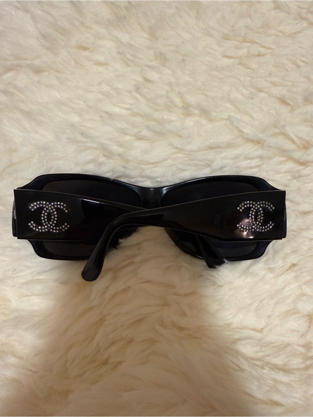 CHANEL Black Rhinestone CC Logo Rectangular Sunglasses